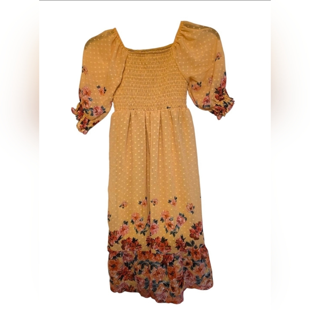 Speechless Kids Smocked Bodice Chiffon Floral Dress, Mustard, Girls Size 10